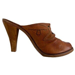 Vintage Nobils Brazil Leather Western Mule Shoes 7.5B Wooden Heel